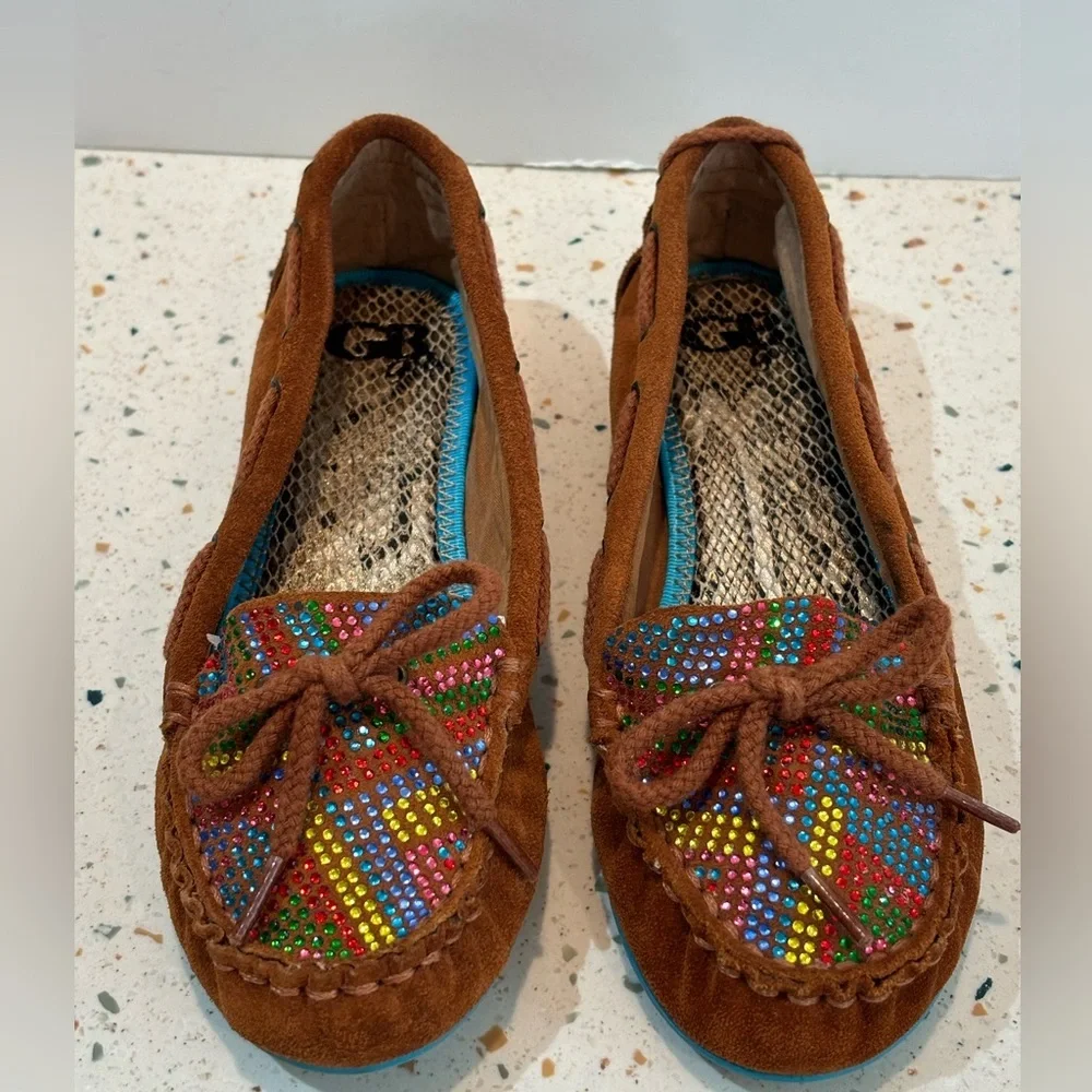 Gianni Bini Little Girls Leather Moccasin Rainbow‎ Rhinestone Shoes Sz 13M